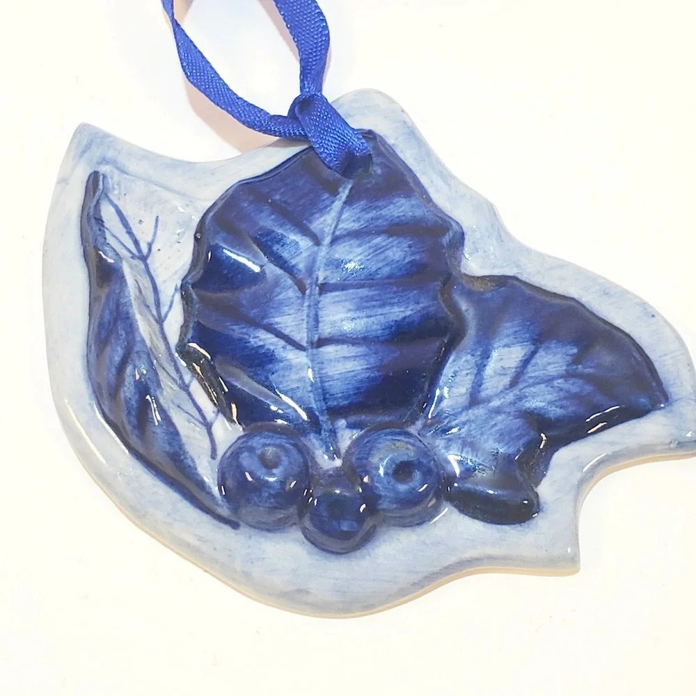 2 Delft Blue and White Holland Ceramic Christmas Tree Ornaments Holly Dutch Girl
